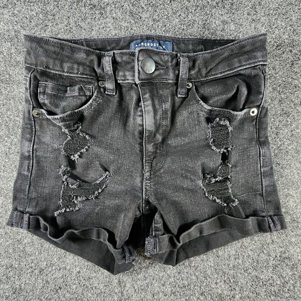 Aeropostale Black High Rise Midi Short Distressed Grunge Women's Size 2 EUC